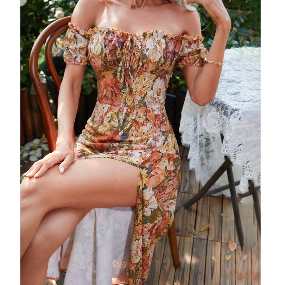 Boho Floral Print Off Shoulder Puff Sleeve Dress - Picture 4 of 9